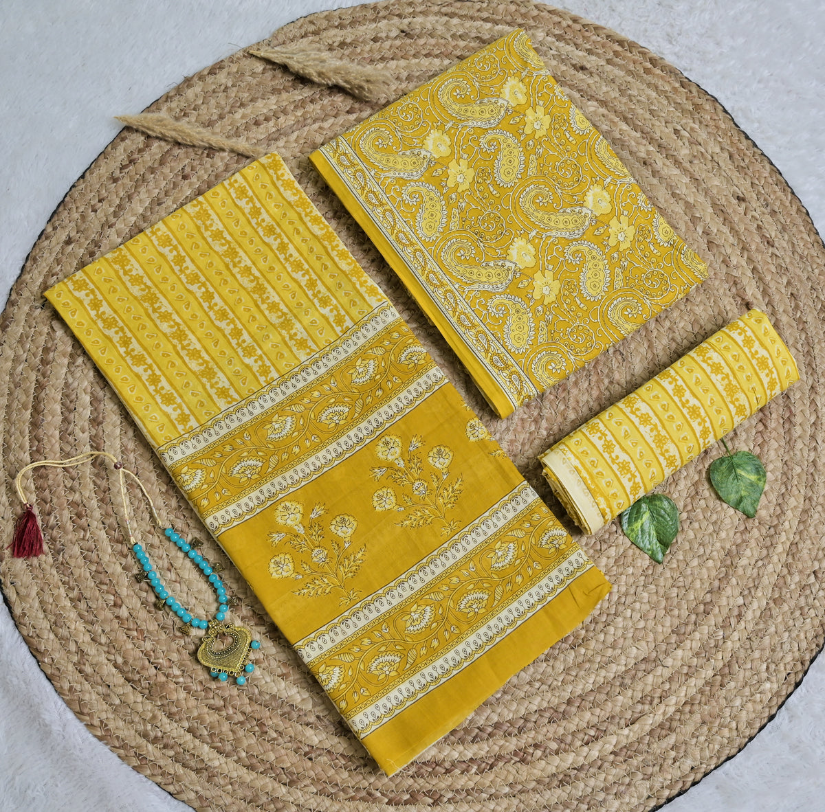 Yellow Paisley Cotton Unstitched 3-Piece Dress Material AJ_122