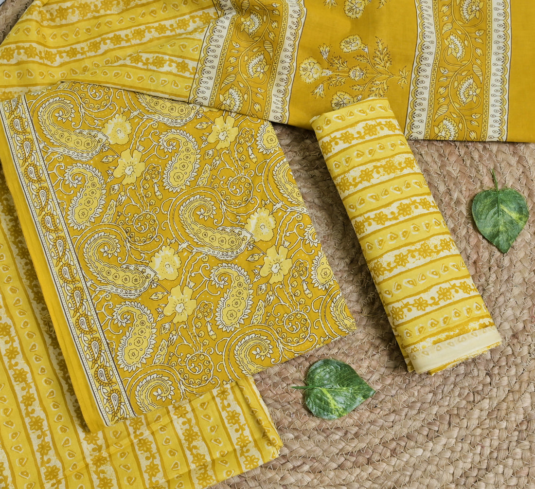 Yellow Paisley Cotton Unstitched 3-Piece Dress Material AJ_122