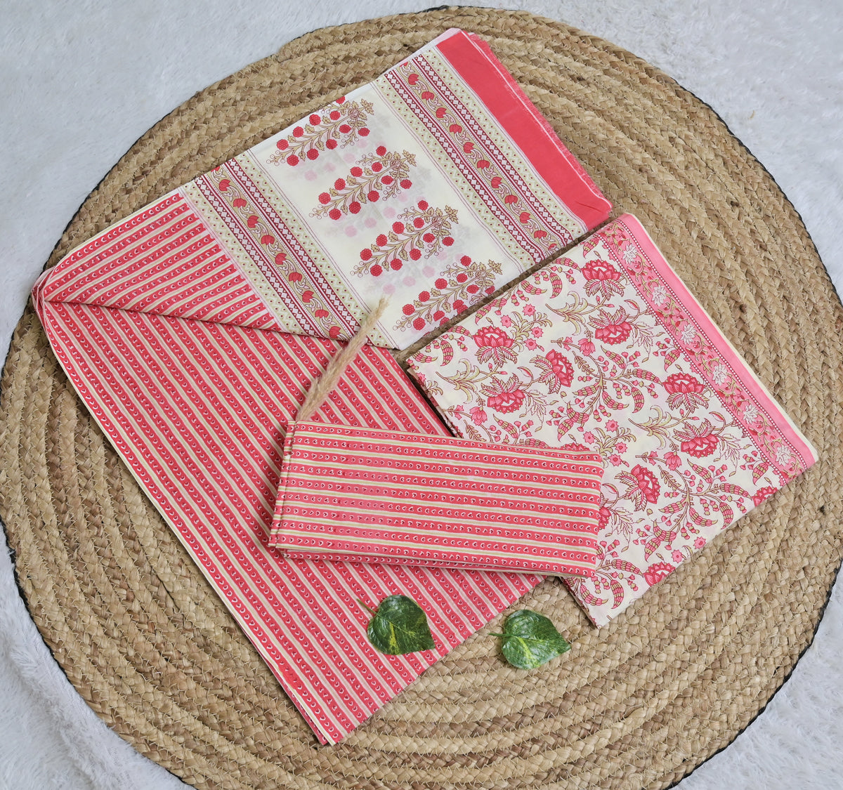 Cream Red Paisley Cotton Unstitched 3-Piece Dress Material AJ_124