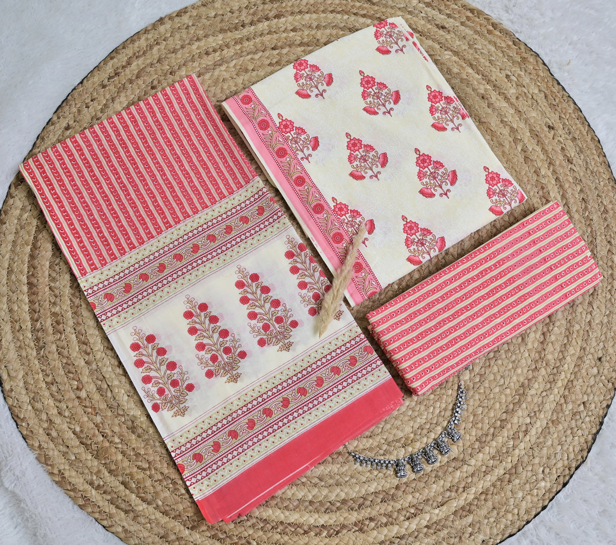 Cream Gulabi pink Floral Cotton Unstitched 3-Piece Dress Material AJ_125