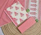 Cream Gulabi pink Floral Cotton Unstitched 3-Piece Dress Material AJ_125