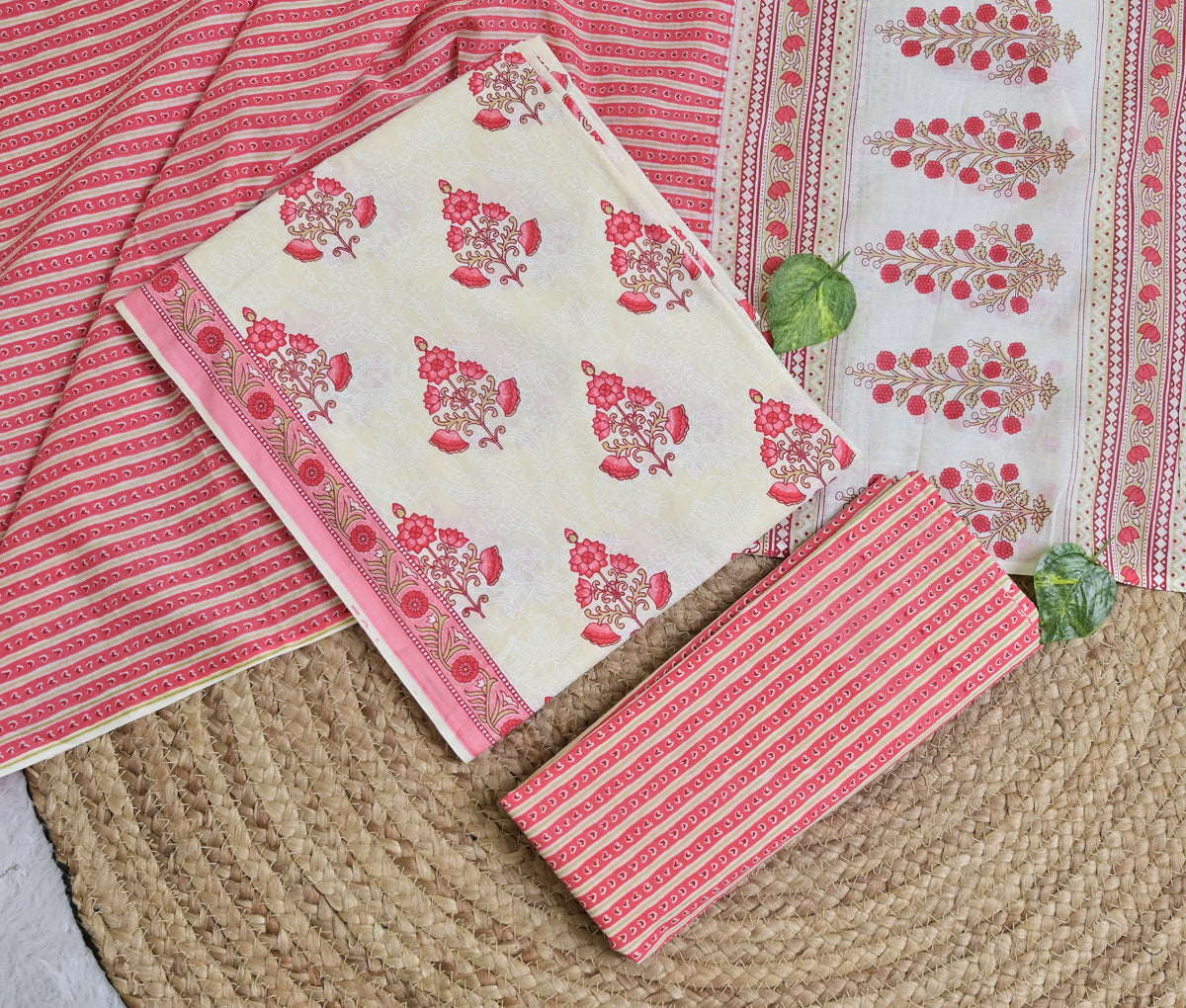Cream Gulabi pink Floral Cotton Unstitched 3-Piece Dress Material AJ_125