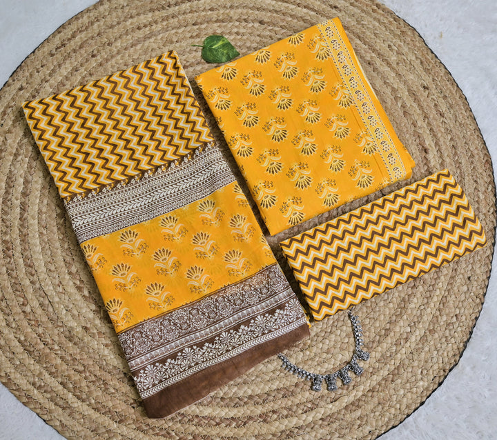 Yellow Brown Print Cotton Unstitched 3-Piece Dress Material AJ_126