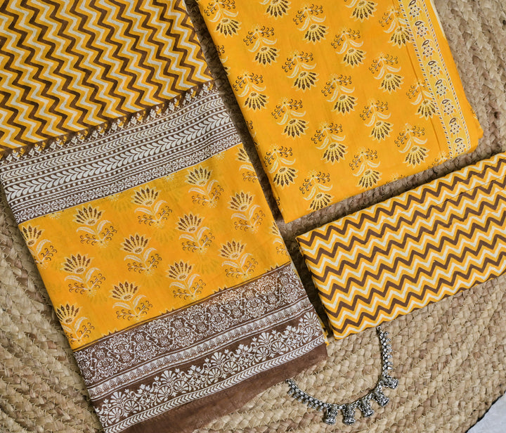 Yellow Brown Print Cotton Unstitched 3-Piece Dress Material AJ_126