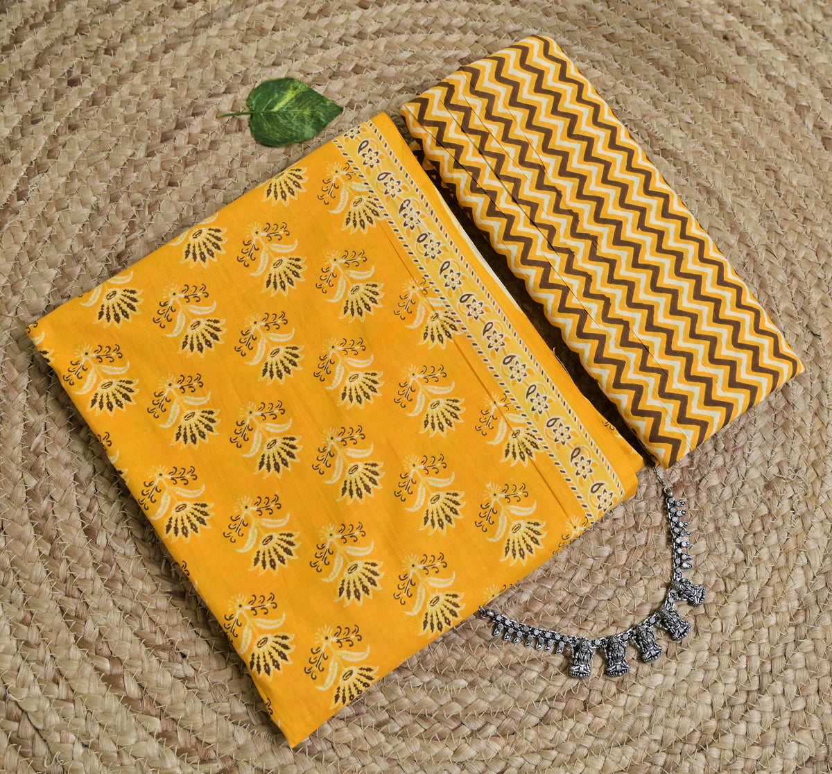 Yellow Brown Print Cotton Unstitched 3-Piece Dress Material AJ_126