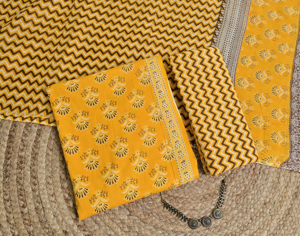 Yellow Brown Print Cotton Unstitched 3-Piece Dress Material AJ_126
