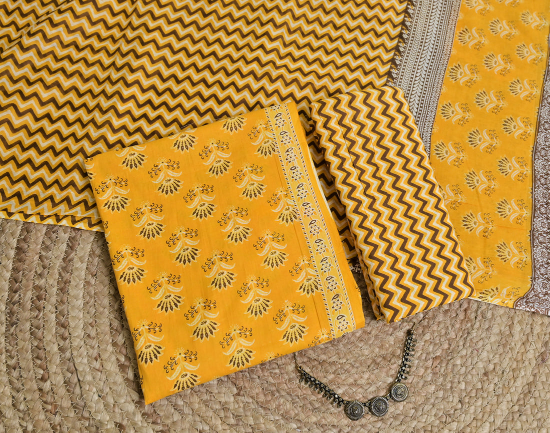 Yellow Brown Print Cotton Unstitched 3-Piece Dress Material AJ_126