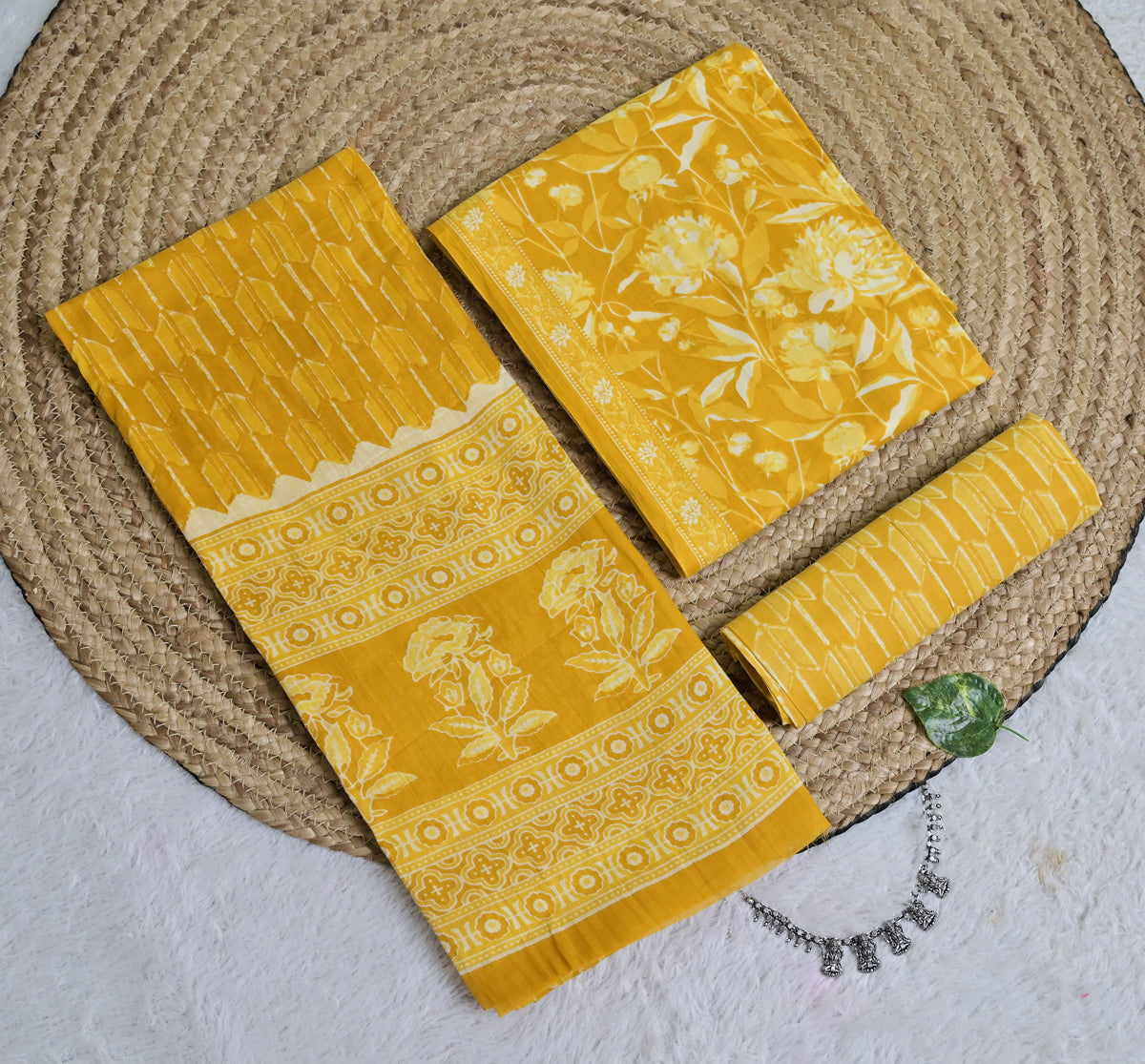 Mustard Floral Cotton Unstitched 3-Piece Dress Material AJ_127