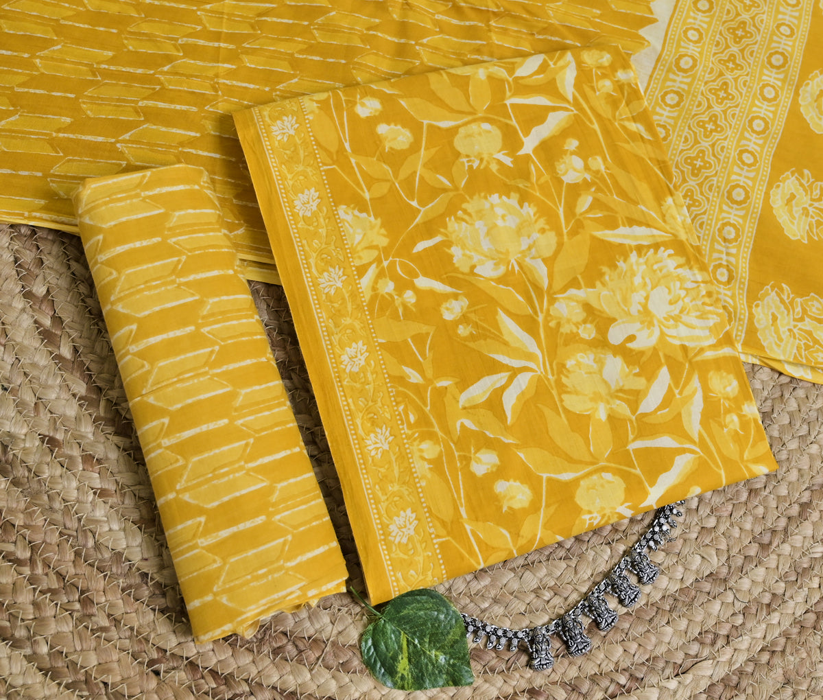 Mustard Floral Cotton Unstitched 3-Piece Dress Material AJ_127