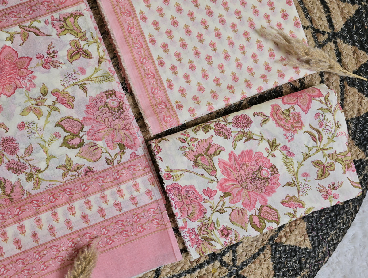 Pink Floral Cotton Unstitched 3-Piece Dress Material AJ_128