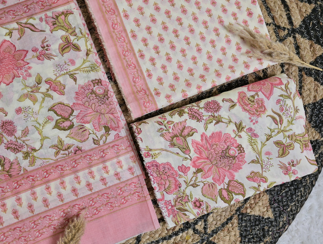Pink Floral Cotton Unstitched 3-Piece Dress Material AJ_128