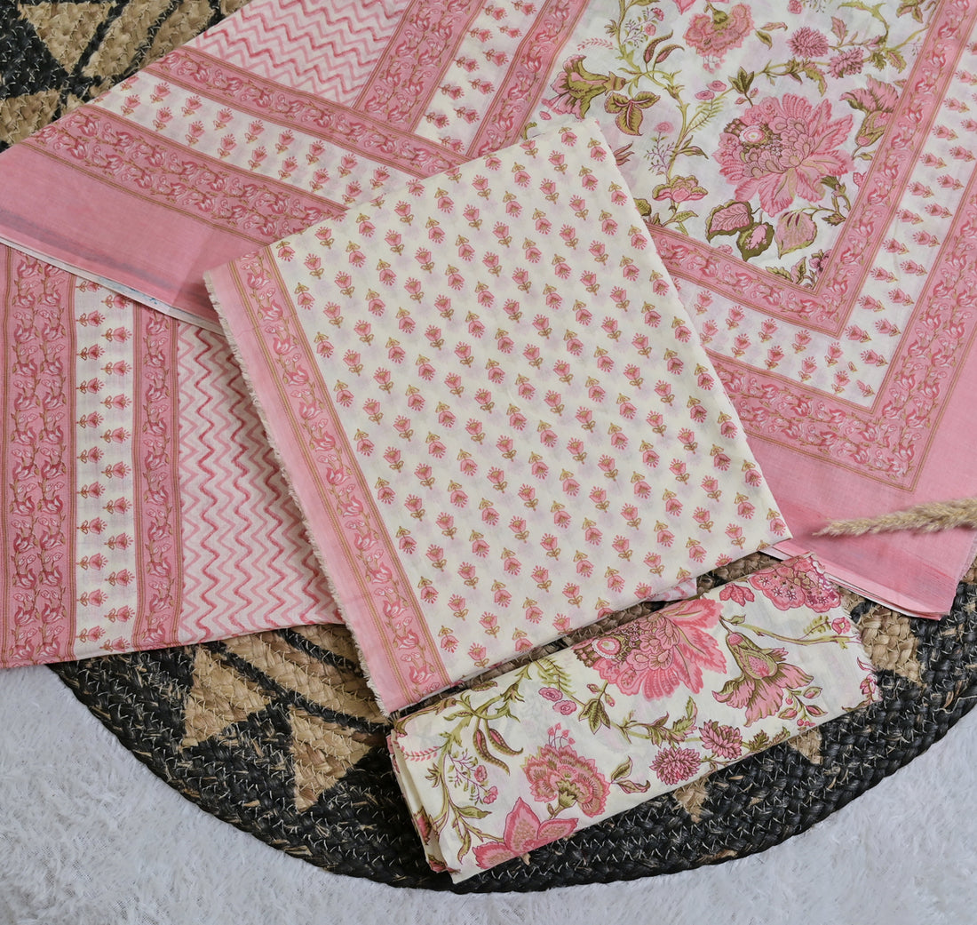 Pink Floral Cotton Unstitched 3-Piece Dress Material AJ_128