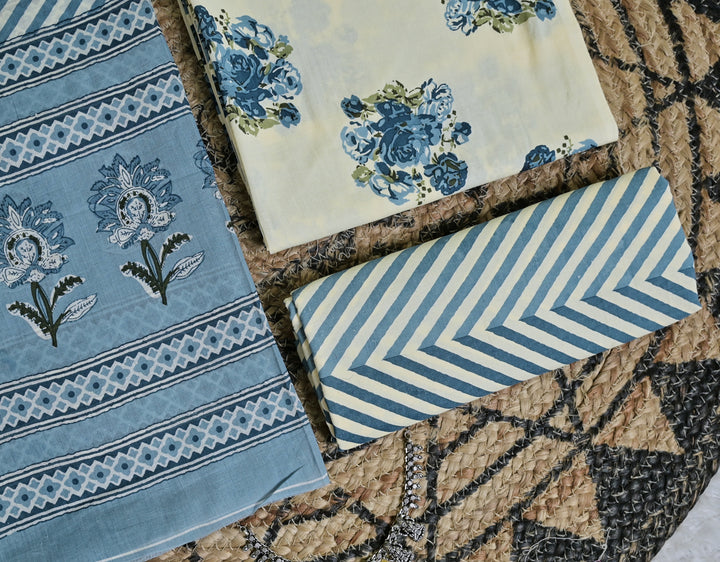 Blue Floral Chevron Cotton Unstitched 3-Piece Dress Material AJ_130