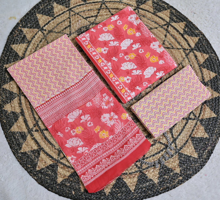 Coral Floral Cotton Unstitched 3-Piece Dress Material AJ_131