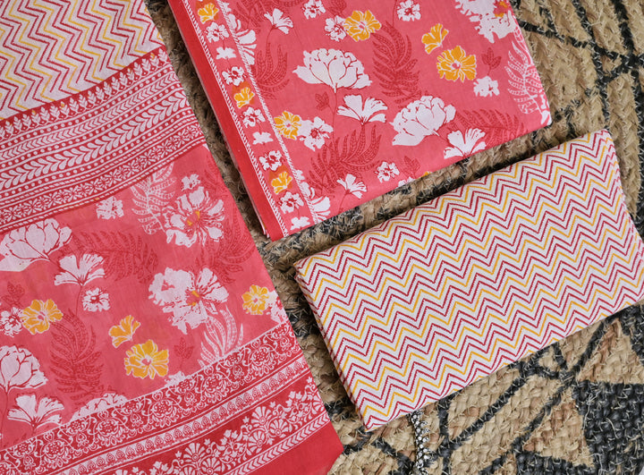 Coral Floral Cotton Unstitched 3-Piece Dress Material AJ_131