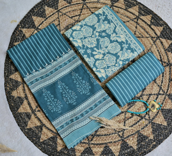 Teal Blue Floral Cotton Unstitched 3-Piece Dress Material AJ_132