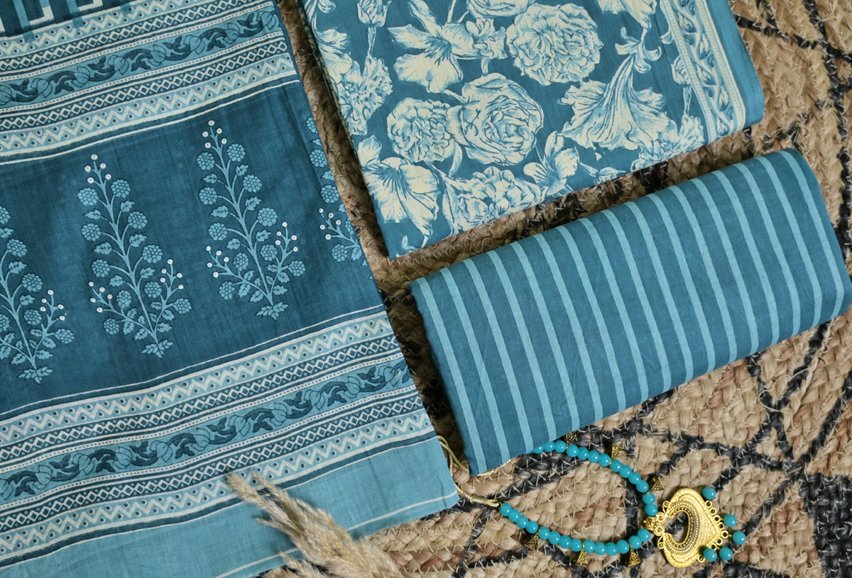 Teal Blue Floral Cotton Unstitched 3-Piece Dress Material AJ_132