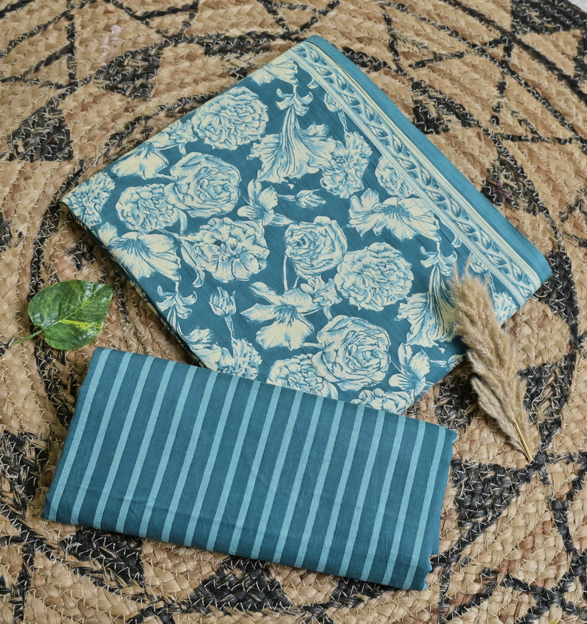 Teal Blue Floral Cotton Unstitched 3-Piece Dress Material AJ_132