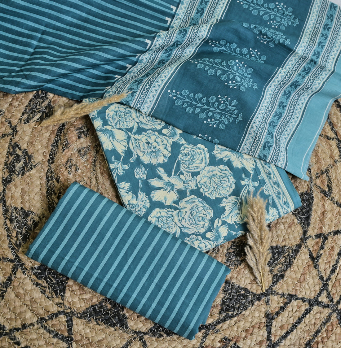 Teal Blue Floral Cotton Unstitched 3-Piece Dress Material AJ_132