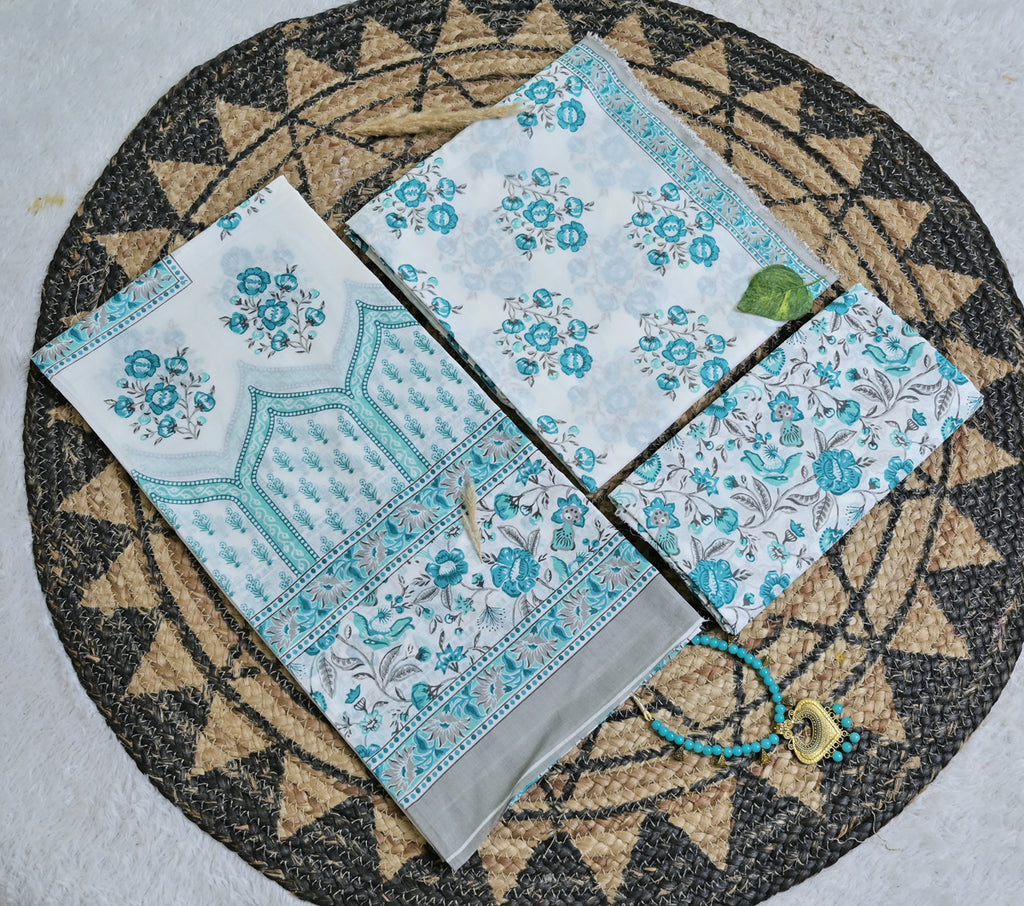 White & Teal Floral Cotton Unstitched 3-Piece Dress Material AJ_133