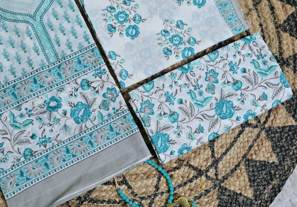 White & Teal Floral Cotton Unstitched 3-Piece Dress Material AJ_133