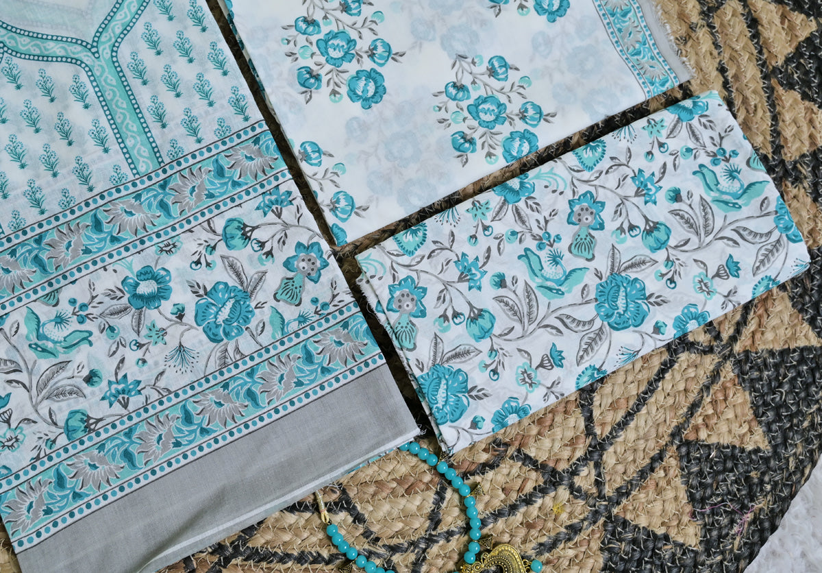 White & Teal Floral Cotton Unstitched 3-Piece Dress Material AJ_133