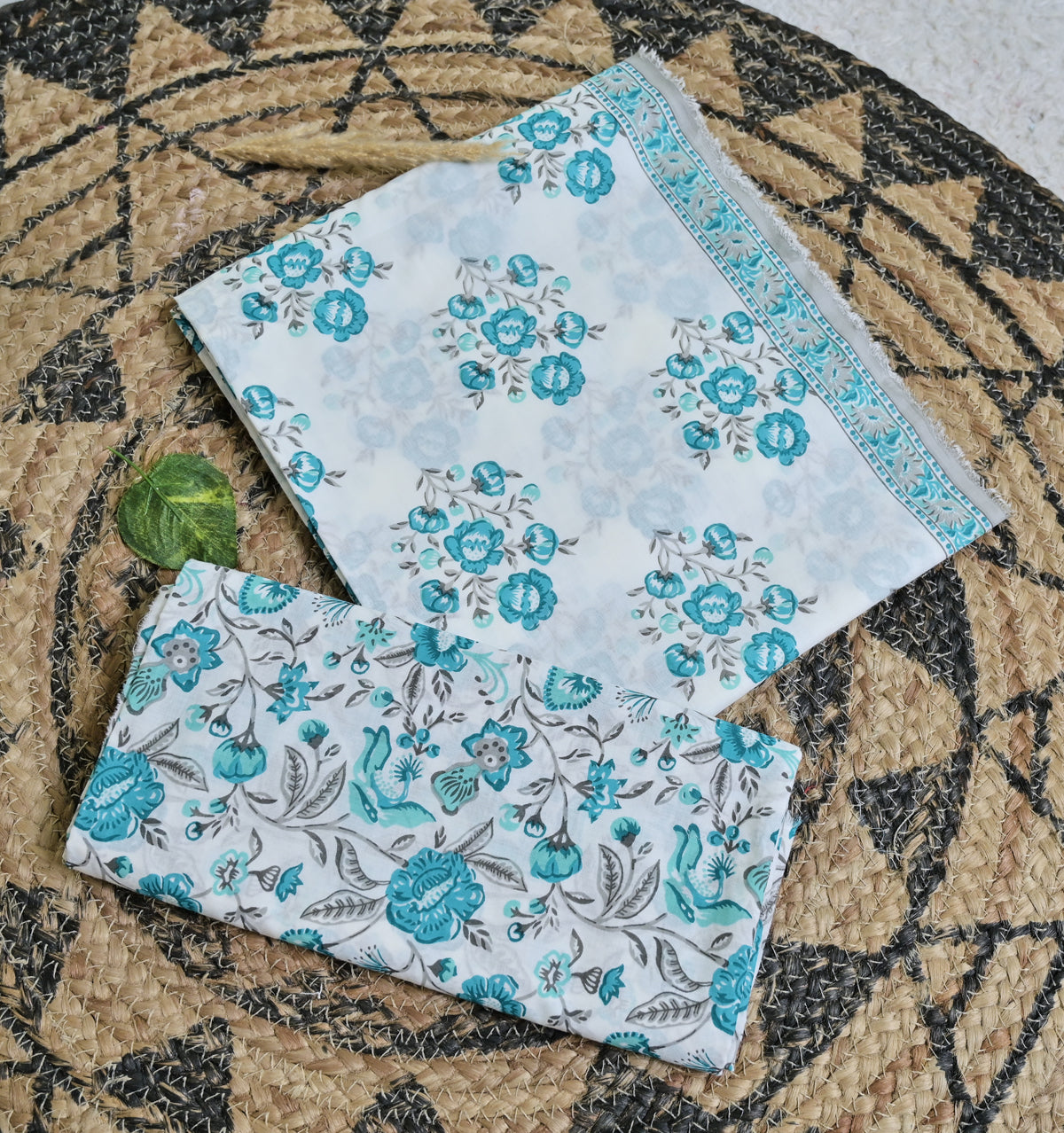 White & Teal Floral Cotton Unstitched 3-Piece Dress Material AJ_133