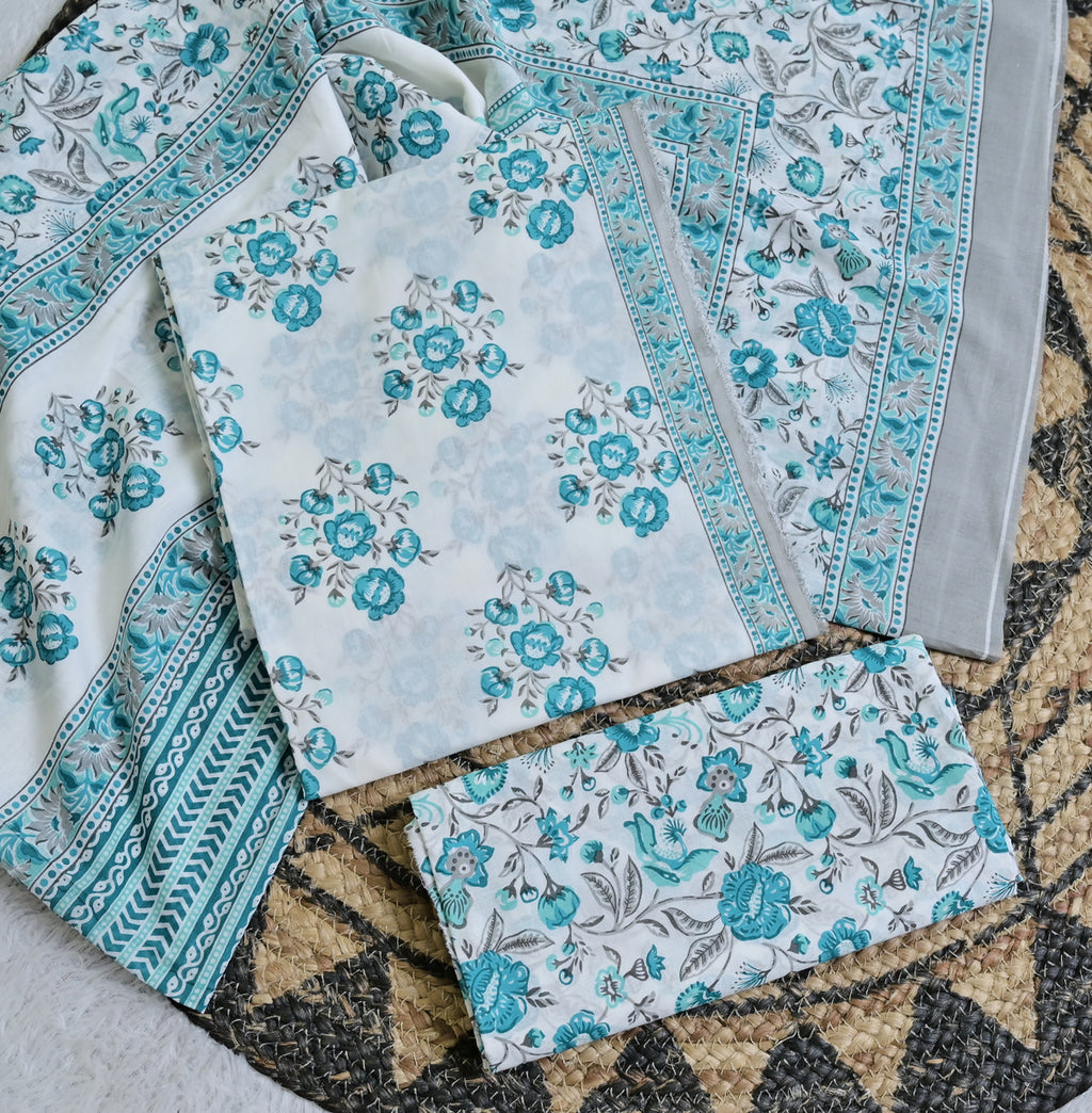 White & Teal Floral Cotton Unstitched 3-Piece Dress Material AJ_133