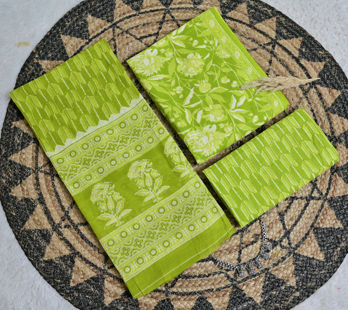 Lime Green Floral Cotton Unstitched 3-Piece Dress Material AJ_135