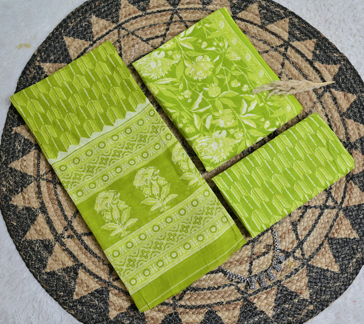 Lime Green Floral Cotton Unstitched 3-Piece Dress Material AJ_135
