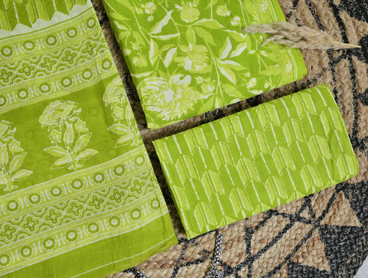 Lime Green Floral Cotton Unstitched 3-Piece Dress Material AJ_135