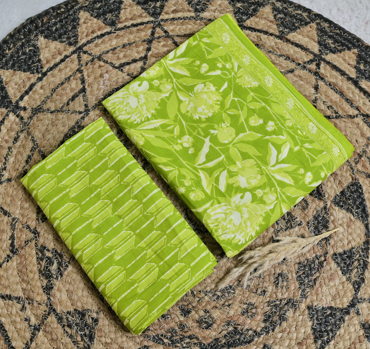 Lime Green Floral Cotton Unstitched 3-Piece Dress Material AJ_135