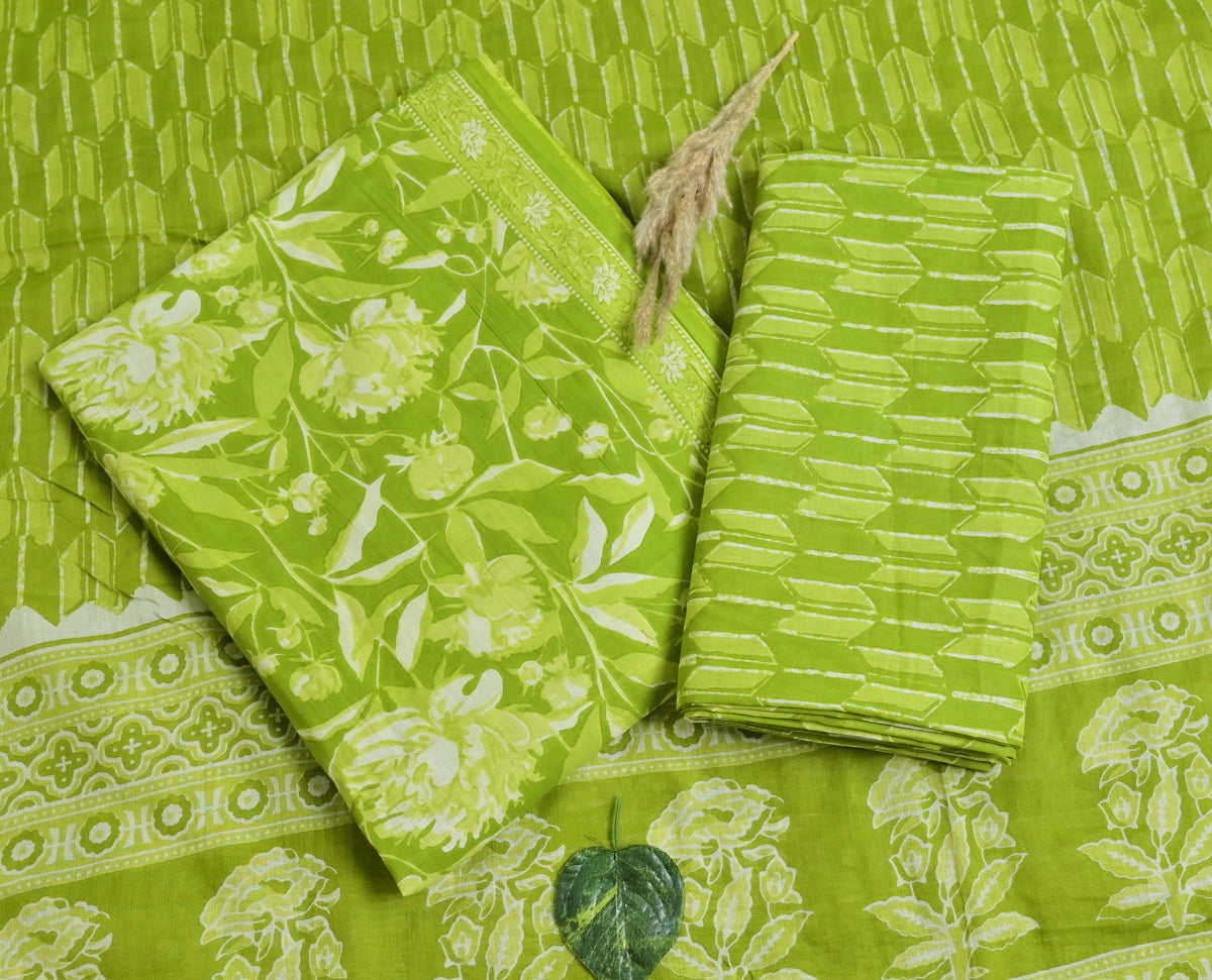 Lime Green Floral Cotton Unstitched 3-Piece Dress Material AJ_135