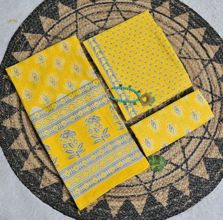 Bright Yellow Motif Cotton Unstitched 3-Piece Dress Material AJ_137