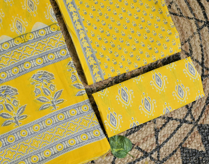 Bright Yellow Motif Cotton Unstitched 3-Piece Dress Material AJ_137