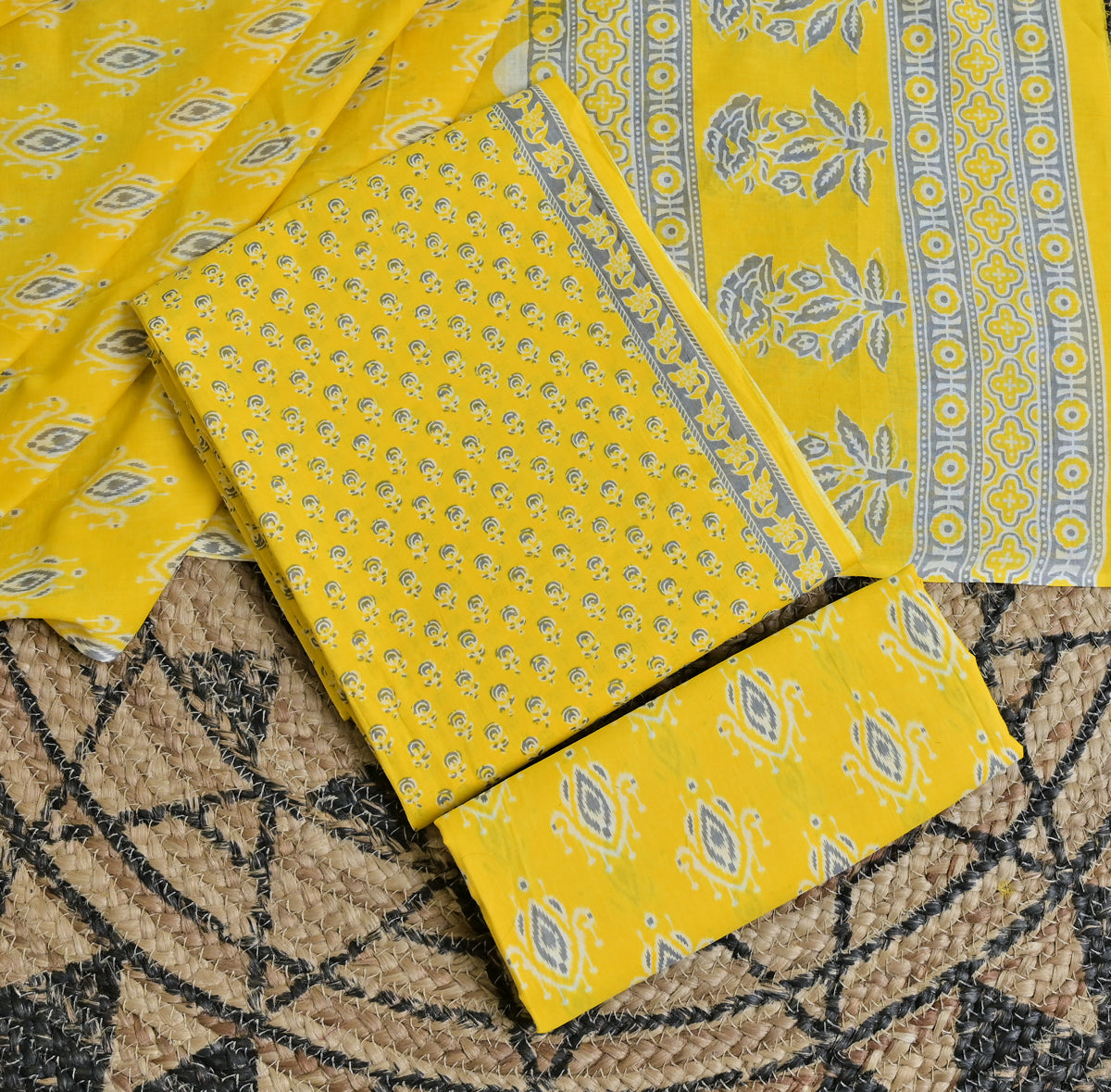 Bright Yellow Motif Cotton Unstitched 3-Piece Dress Material AJ_137