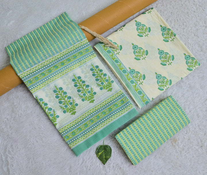 Botanical Print Cotton 3-Piece Unstitched - Mint Green AJ_140