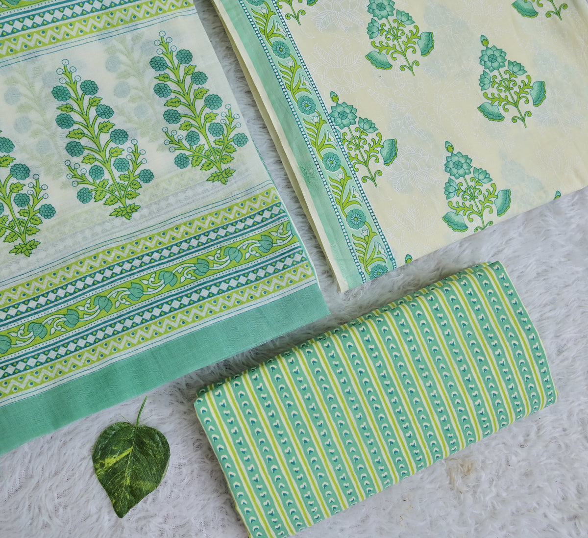 Botanical Print Cotton 3-Piece Unstitched - Mint Green AJ_140