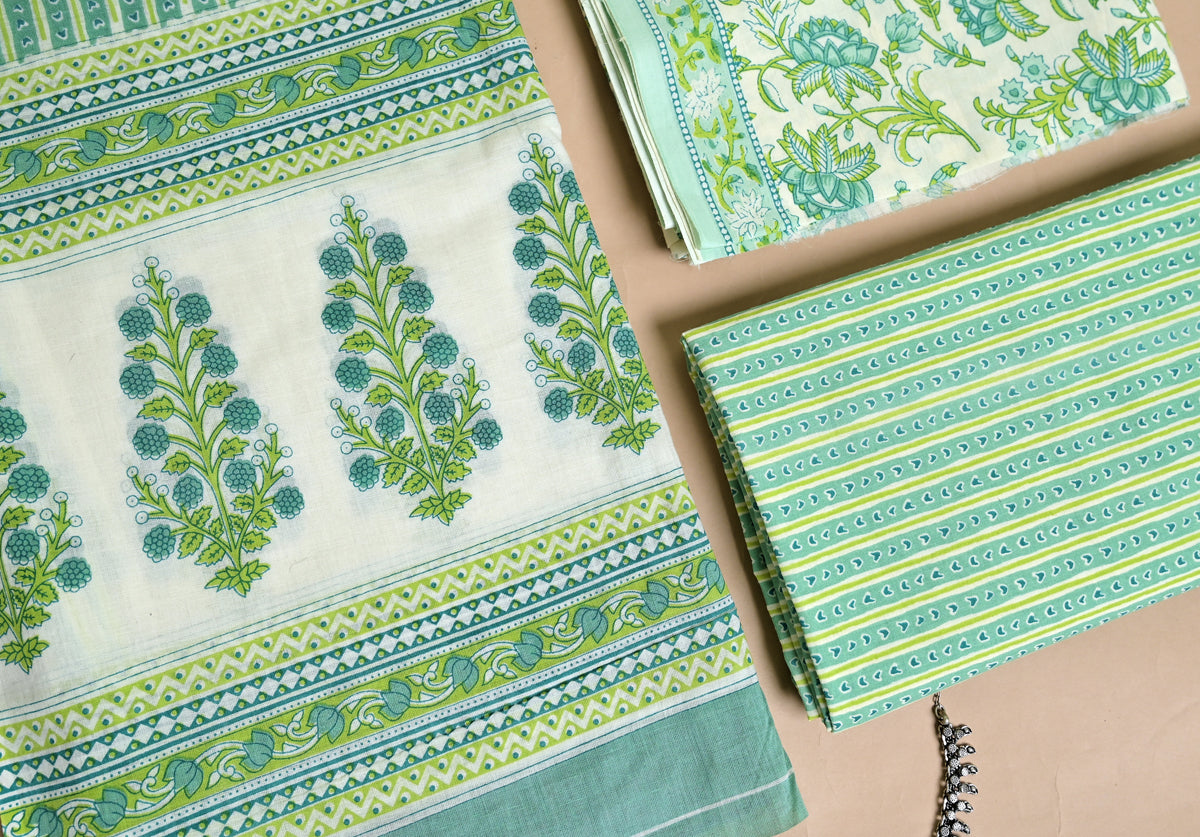 Floral Print Cotton 3-Piece Unstitched - Sea Green AJ_144