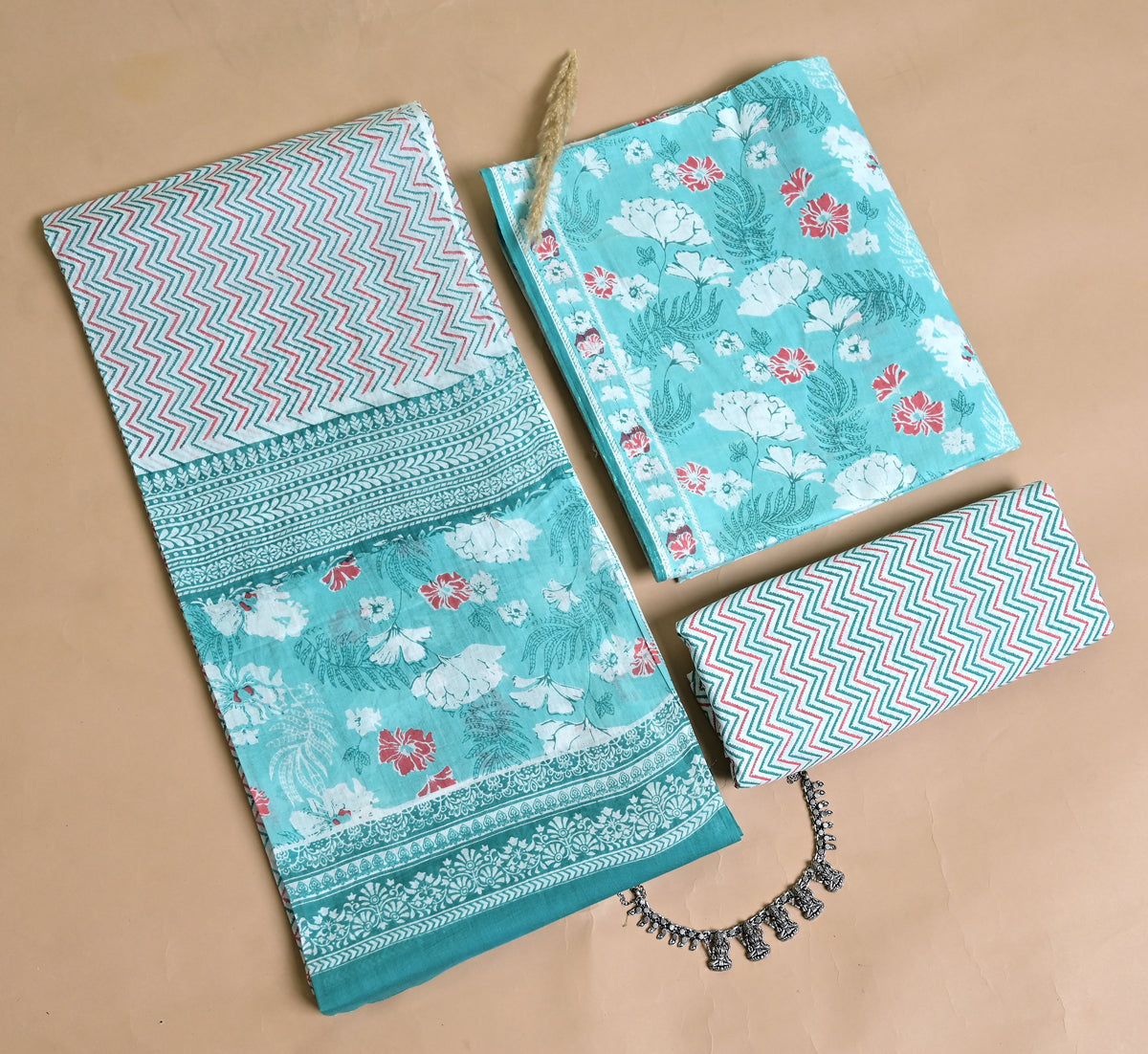 Floral Print Cotton 3-Piece Unstitched - Aqua Teal AJ_145