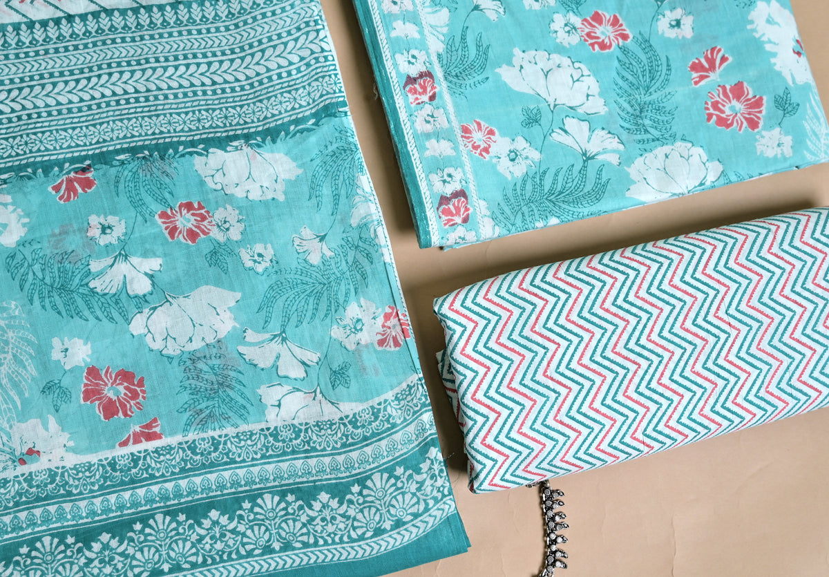 Floral Print Cotton 3-Piece Unstitched - Aqua Teal AJ_145