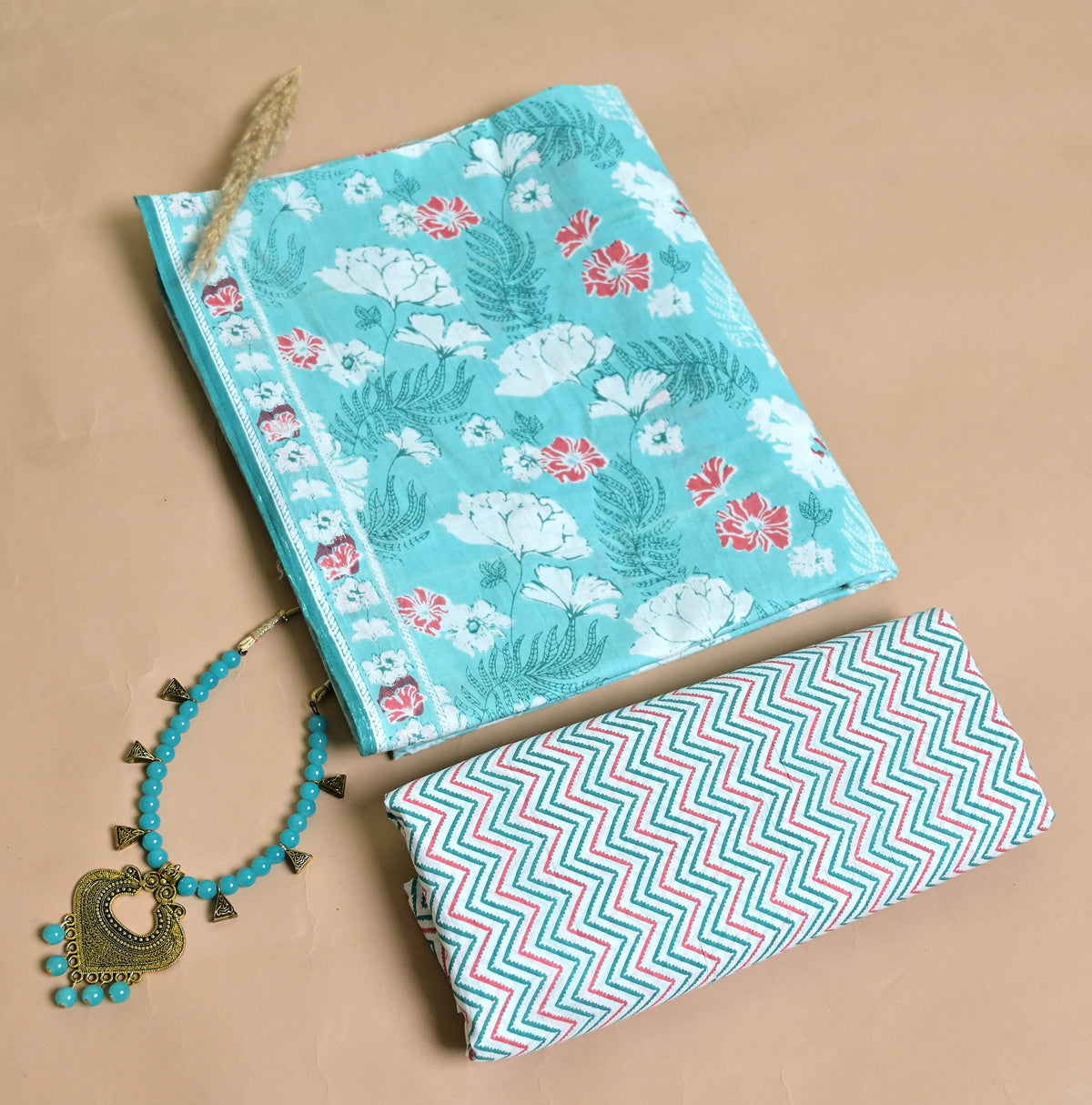 Floral Print Cotton 3-Piece Unstitched - Aqua Teal AJ_145