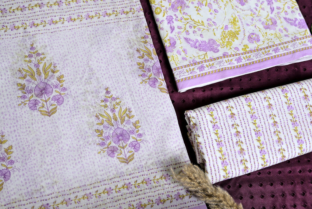Floral Print Cotton 3-Piece Unstitched Dress Material - Lavender Cream AJ_147