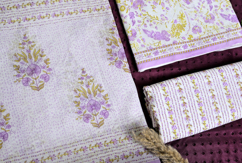 Floral Print Cotton 3-Piece Unstitched Dress Material - Lavender Cream AJ_147