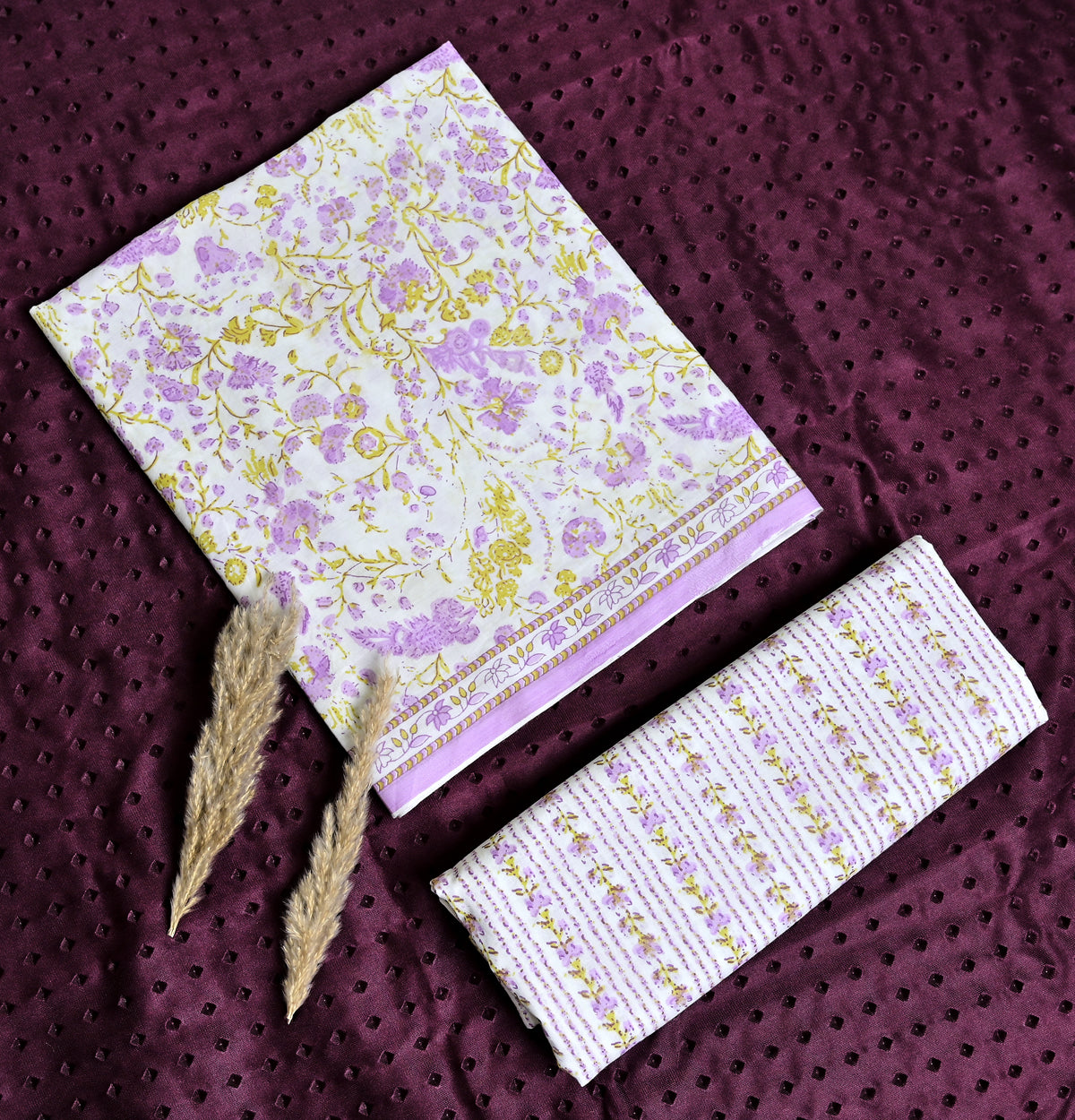 Floral Print Cotton 3-Piece Unstitched Dress Material - Lavender Cream AJ_147