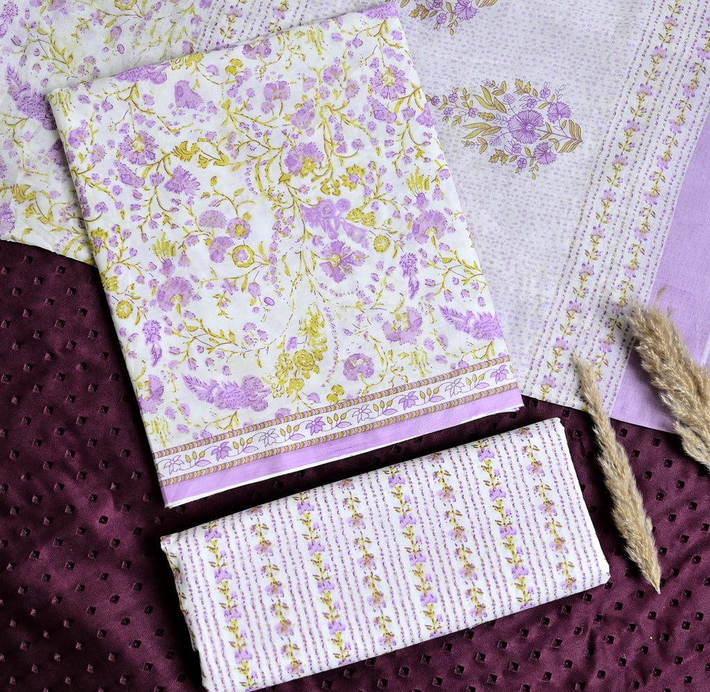 Floral Print Cotton 3-Piece Unstitched Dress Material - Lavender Cream AJ_147