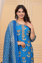 Royal Blue Jaipuri Buta Print Cotton Kurta Pant Set with Kota Doria Dupatta