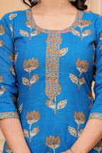 Royal Blue Jaipuri Buta Print Cotton Kurta Pant Set with Kota Doria Dupatta