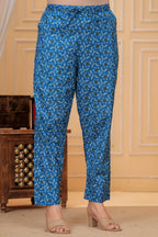 Royal Blue Jaipuri Buta Print Cotton Kurta Pant Set with Kota Doria Dupatta