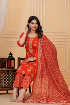 Red Jaipuri Buta & Floral Print Cotton Kurta Pant Set with Mulmul Dupatta